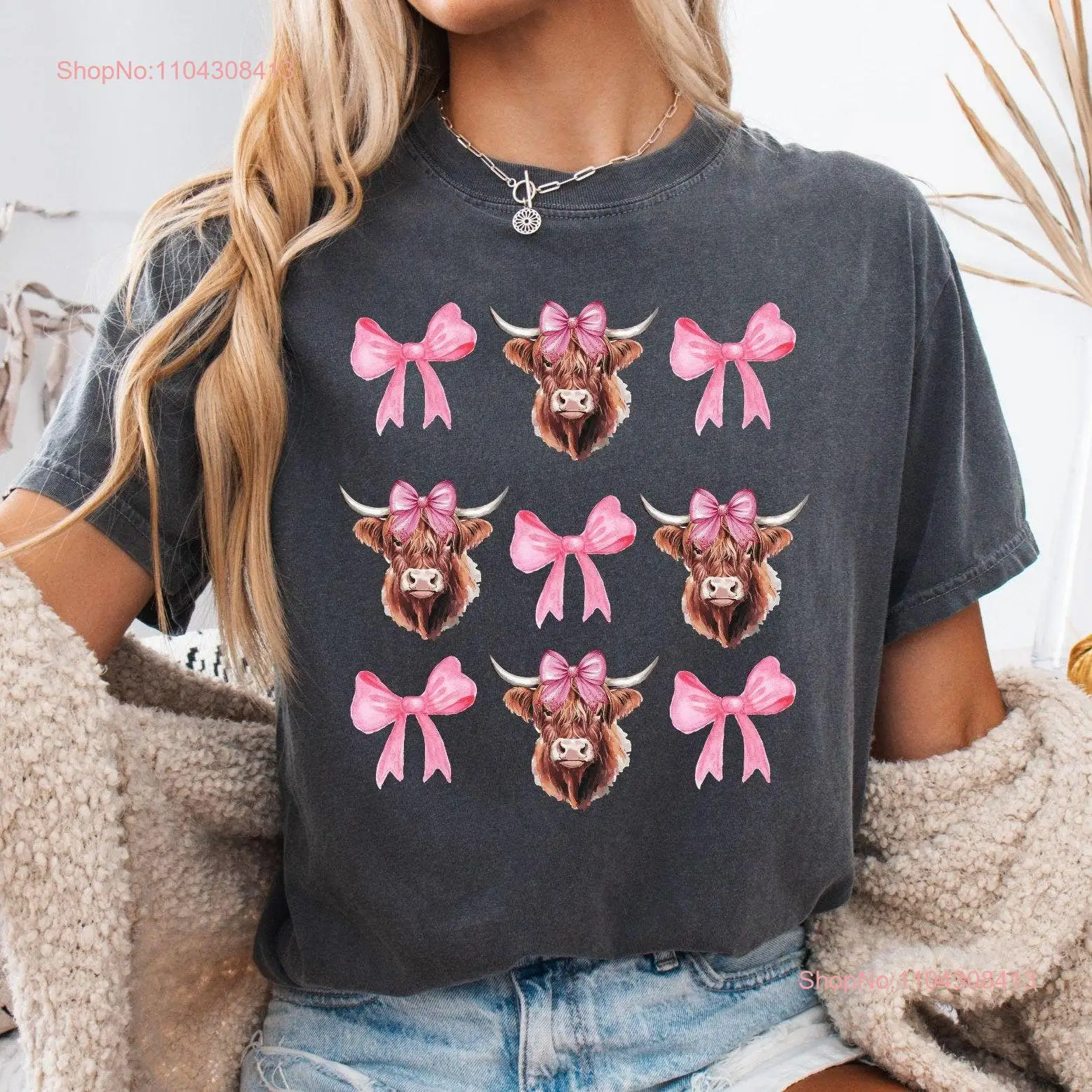 Camiseta Coquette Highland Cow de colores cómodos, lazos para amantes del país occidental, mangas largas o cortas