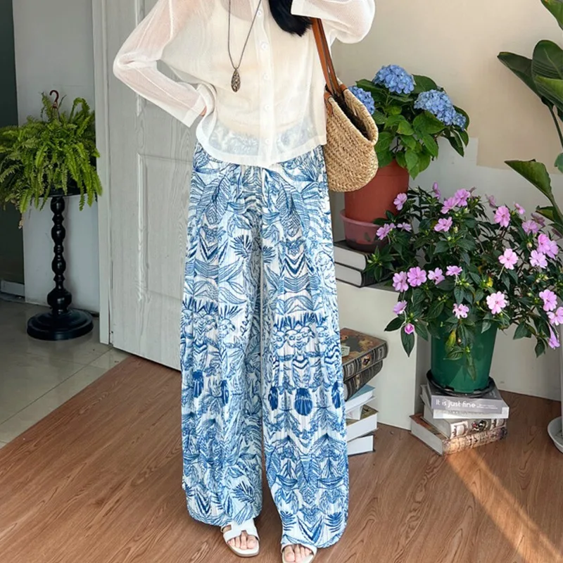 Pantaloni a pieghe Miyake Set 2025 Nuovi pantaloni a gamba larga stampati Celadon Plisse Fold Premium Sense Casual Cardigan trasparente Top da donna