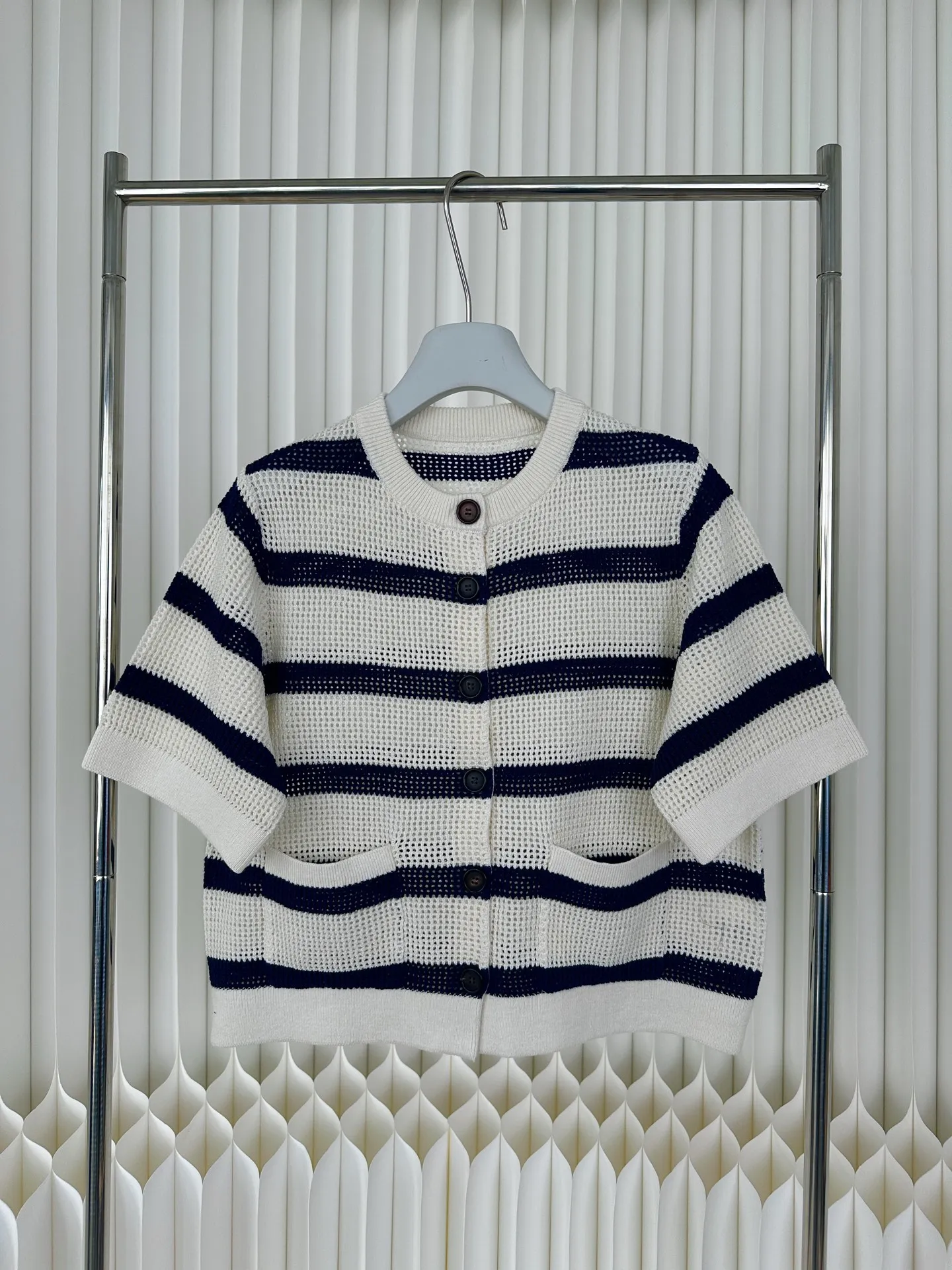 

New Spring/Summer Collection: Striped V-Neck, Open-Knit Mesh Short-Sleeve Sweater — Loose-Fit, Lurex-Thread Cardigan Top