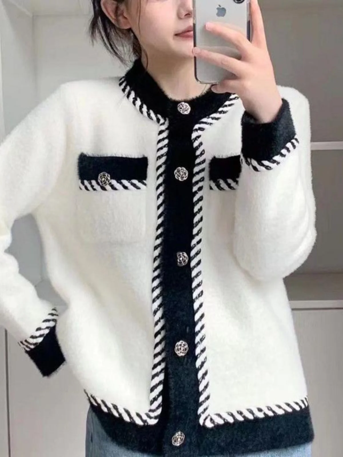 

ort Women's Open Cardigan Jaet Korean Sle Splice Color angxiang Wind Coat Brand Button Design Sensation Outerwear