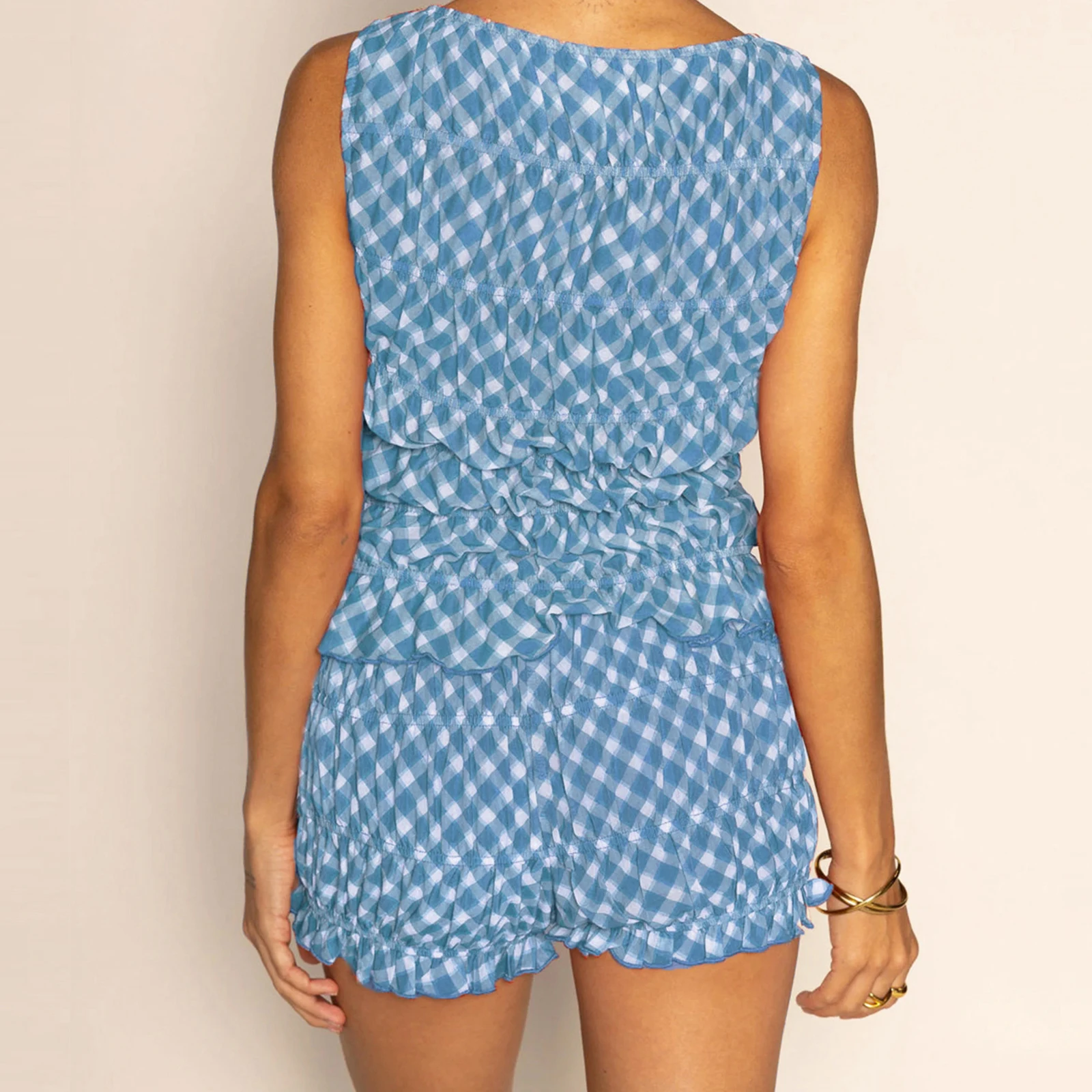 Nowy Modny Damski Letni Zestaw Szortów Wyszczuplający Stylowy Kraciasty Marszczony Bezrękawnik i Szorty 2-częściowy Zestaw Piżamowy S M L