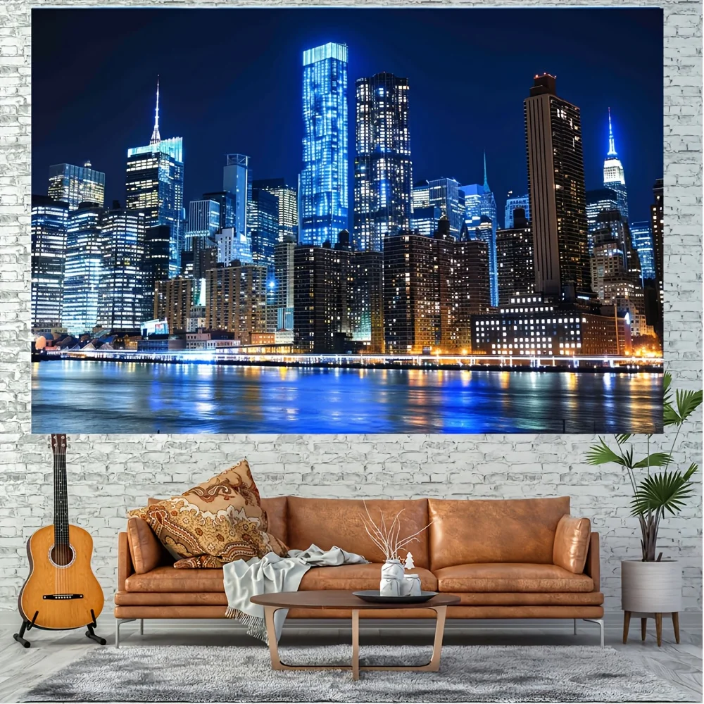 VIKAMA New York City Skyline Night Scene Tapestry Urban Modern Skyscraper Art Hanging Cloth Living Room Room Decoration