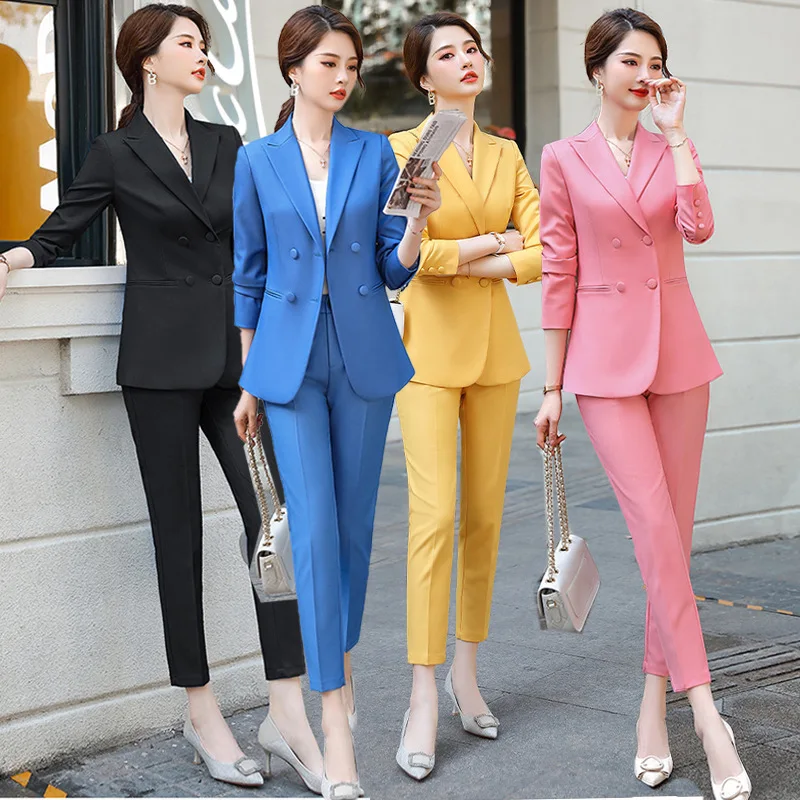 YellowProfessional Suit Set for Women 2023 Autumn/Winter Korean Version High end Fashion Temperament Interview Sales Formal Suit