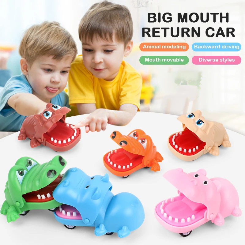 Mordendo mão crocodilo boca pull-back carro brinquedo dos desenhos animados hipopótamo filhote de cachorro animal puxar para trás brinquedo imprensa carro dentes mordida dedos brinquedo complicado