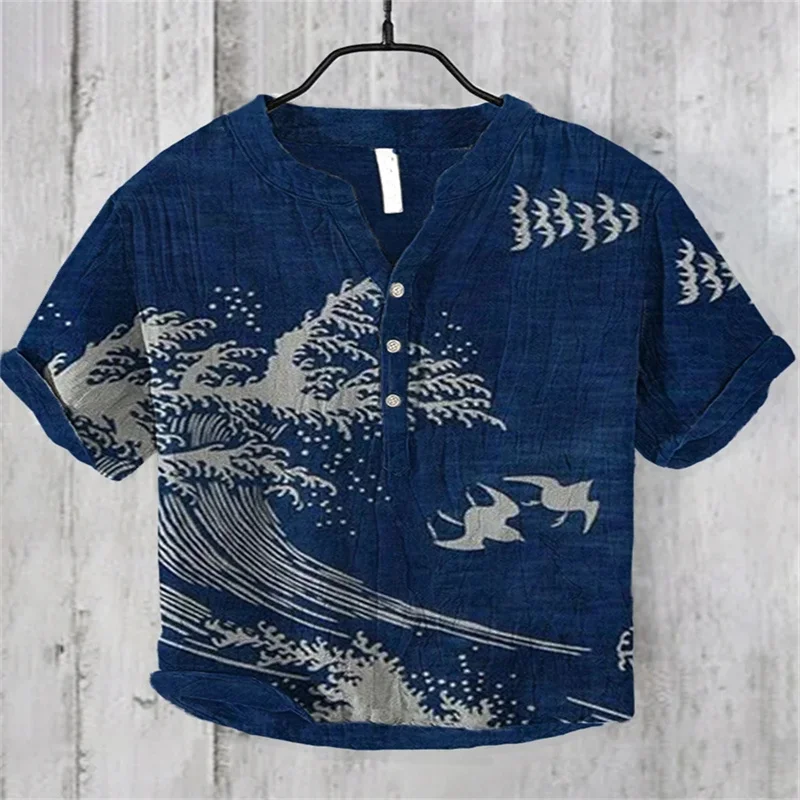 2024 Summer Men\'s V-neck Short Sleeve T-shirt Casual Print The Great Wave off Kanagawa Linen Blended Shirt