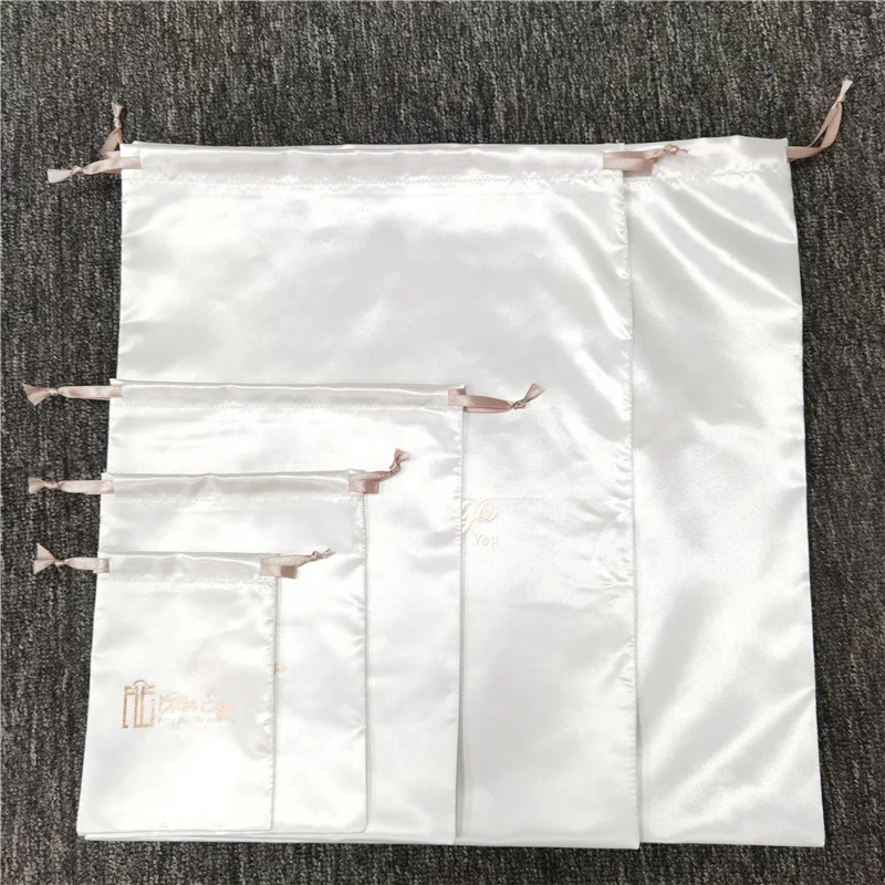 Custom Rose Gold LogoPackaging Sack Underwear Jewelry Satin Dust Pouch White Silk Drawstring Bag for Hair Bundles