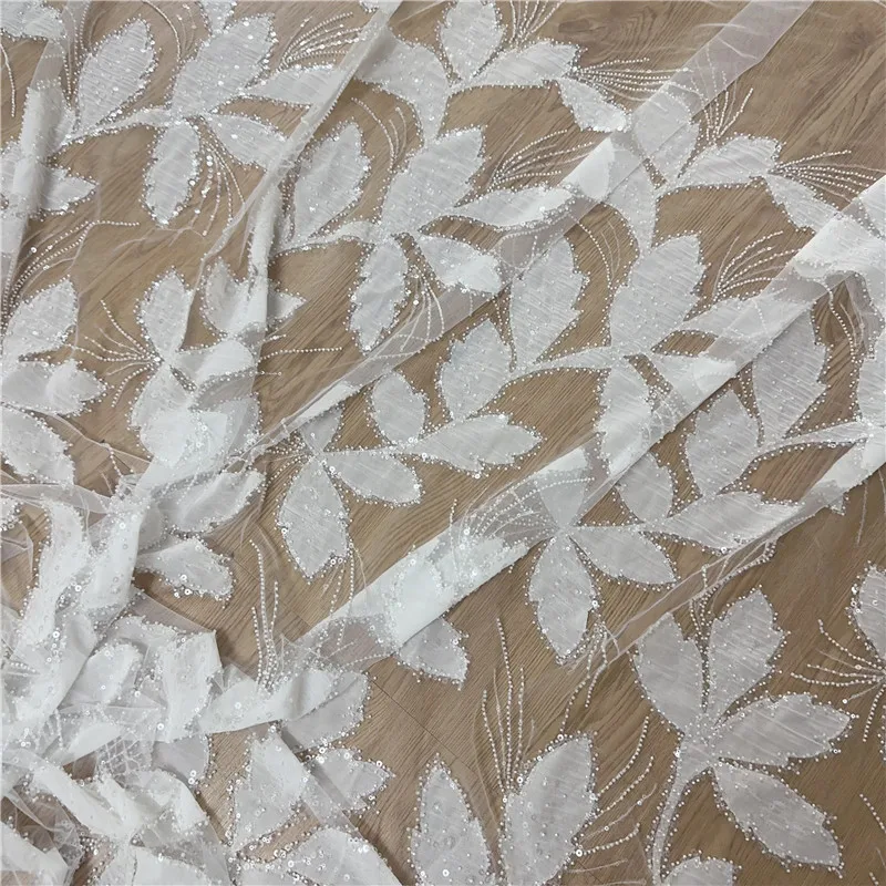 New Style Off White Laser Bead Sequins High Quality Mesh Embroidery French Wedding Dress Lace Fabric Sell By Yard