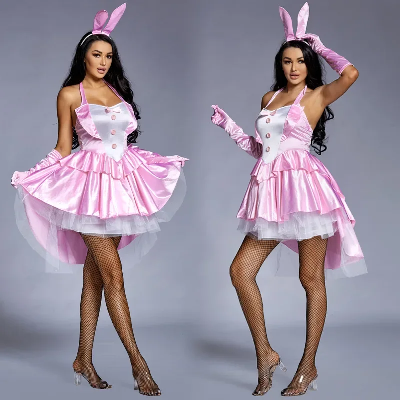 2025 Disfraz de Halloween de conejo sexy para mujer, fumar pour fille, bata de fiesta club Halloween, talla grande, rosa, T64