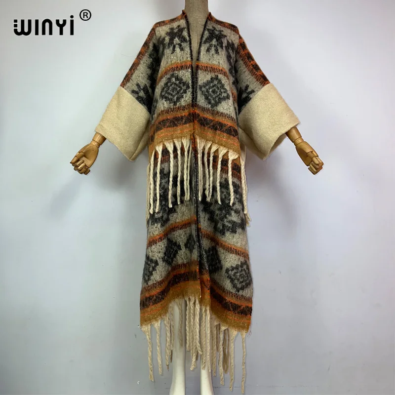 

WINYI winter Christmas coat women Snowflake print tassel Luxury Long Fur Loose OverCoat Thick Warm long down coat fashion jacket