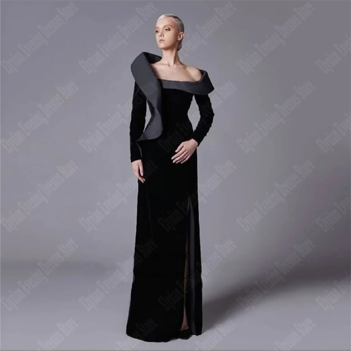 2024 Women Elegant Dresses Sexy Pleated Slim Fit Prom Gowns  Newest Velvet Dark Black Vent Customized Long Sleeve Mopping Length