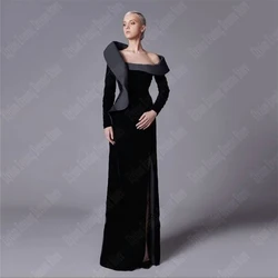 2024 Women Elegant Dresses Sexy Pleated Slim Fit Prom Gowns  Newest Velvet Dark Black Vent Customized Long Sleeve Mopping Length