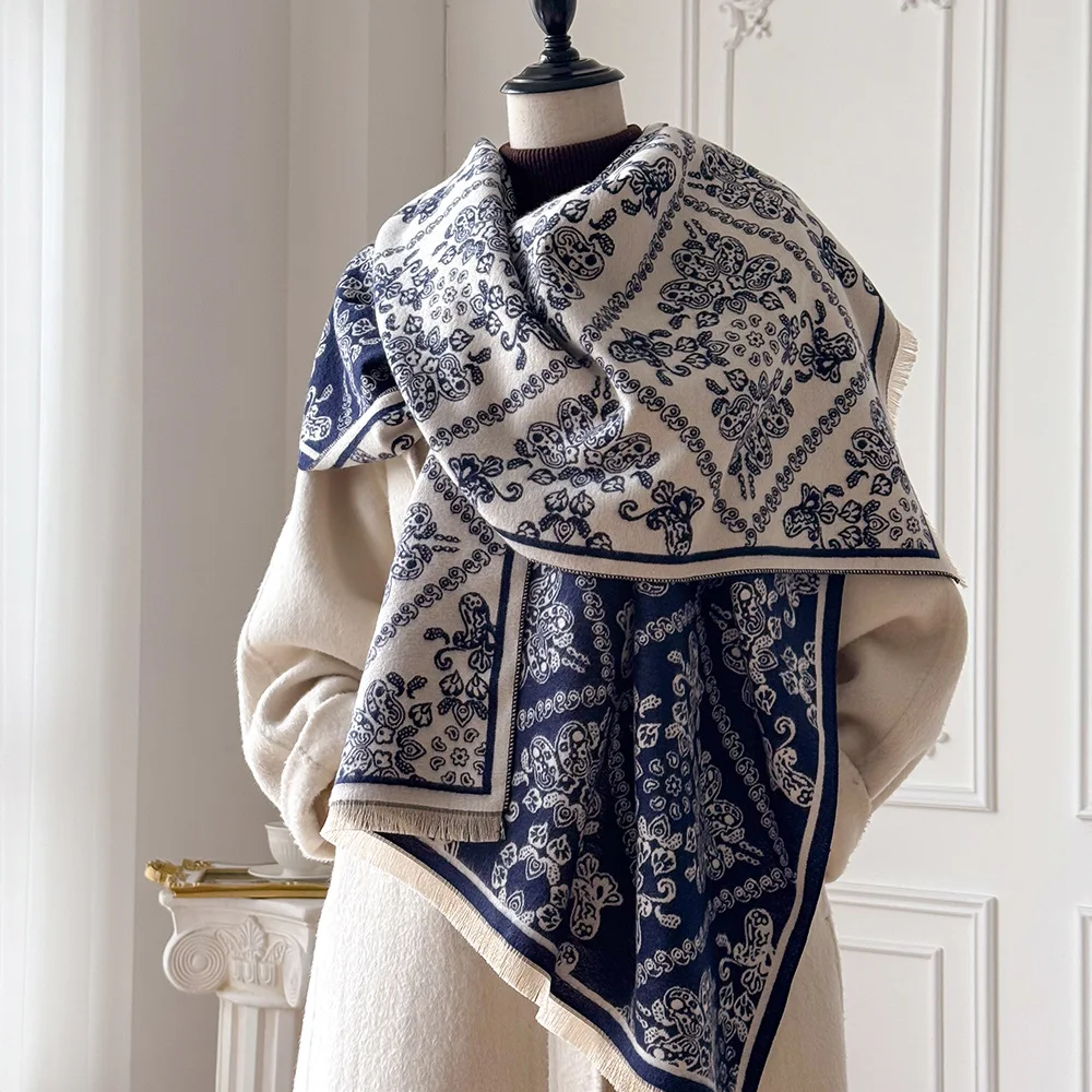 

Большой длинный шарф для женщин, осенне-зимняя шаль 185x65 см, классический винтажный узор, цветочный принт, синие, серые шарфы цвета хаки