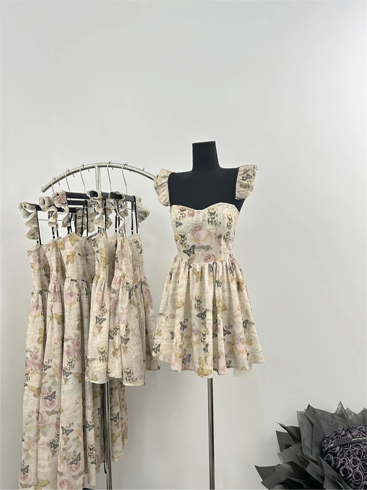 Summer French Vintage Cottage Core Coquette Mini Floral Dress Women Long Frocks Party Evening One-Piece Aesthetic Square Collar