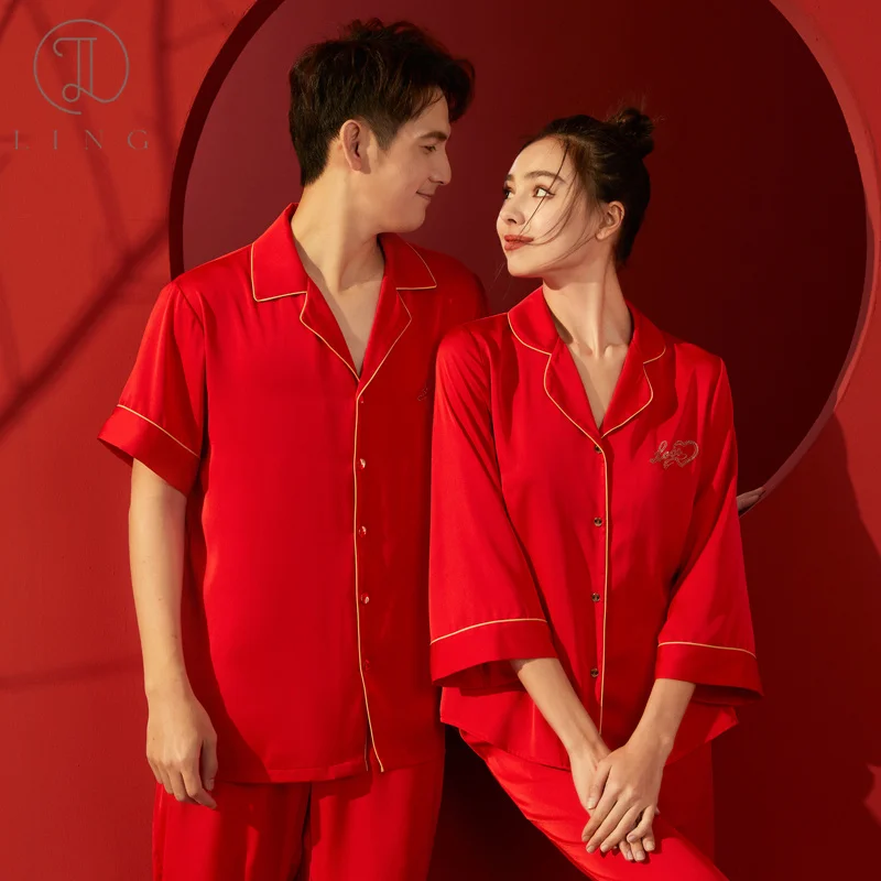 Ling Solid Silk Couple's Pajamas Wedding Pajamas Sets Plus Size Full Sleeve Hot Red Color 2 Pcs Wedding Pajamas Sleepwear