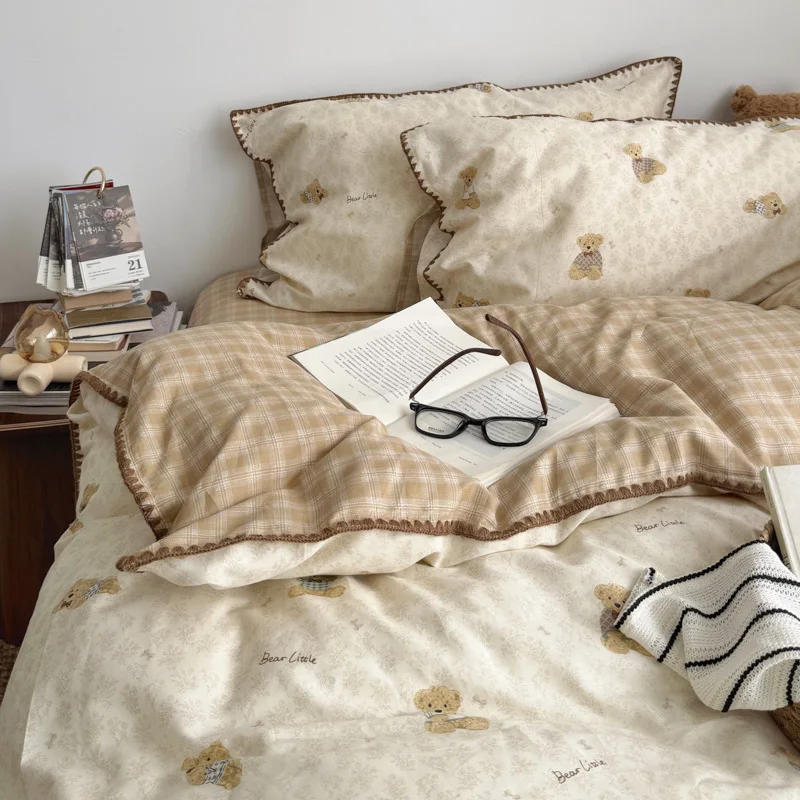 Ins American Countryside Style Class A Double layer Yarn Bedding Set Soft Pure Cotton  Duvet Set Comforter Set  Bed Linens