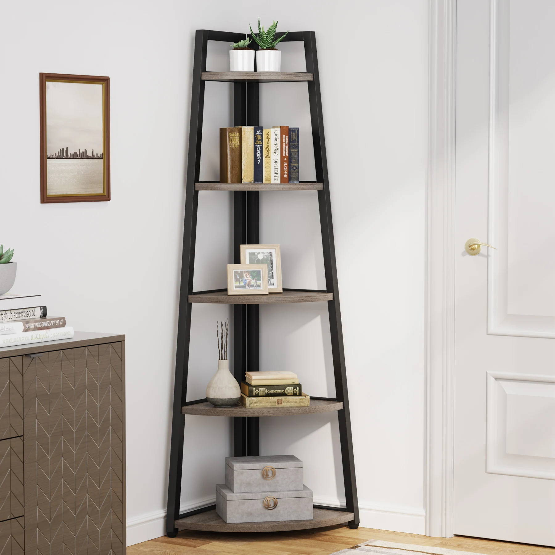 Tribesigns 70 inch Tall Corner Shelf, 5 Tier Industrial Corner Bookshelf Bookcase Industrial Corner Ladder Shelf Plant Stand