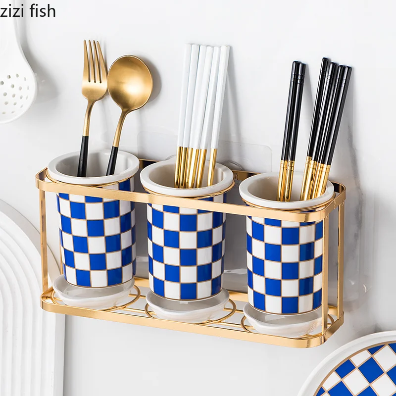 Checkerboard Chopsticks Tube Kitchen Storage Box Chopstick Cage Drain Rack Cutlery Box Chopsticks Storage Rack Home Organizer