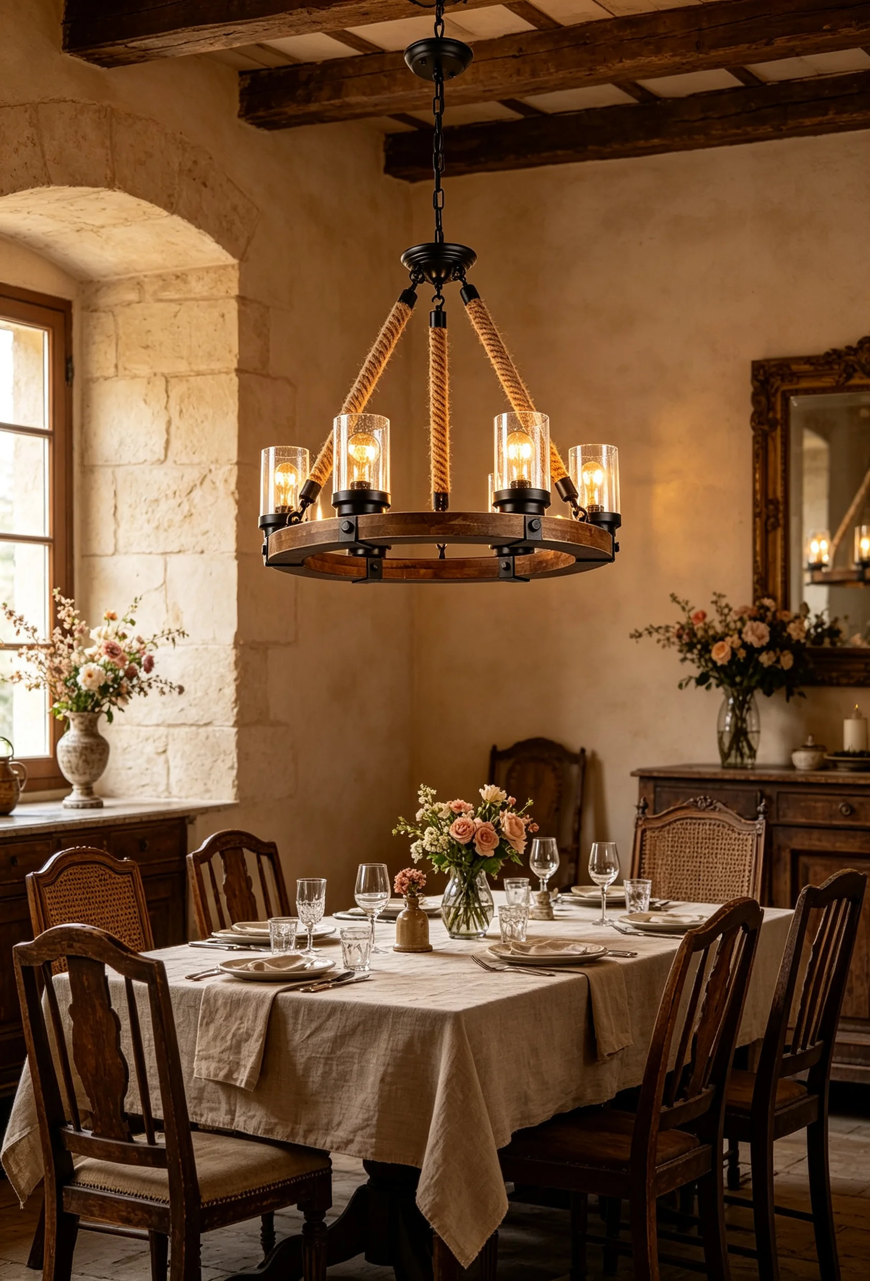 Rustic Farmhouse 6-Light Wagon Wheel Chandelier, Solid Wood Metal Rope Pendant E27 Glass Shade for Kitchen Dining Living Room