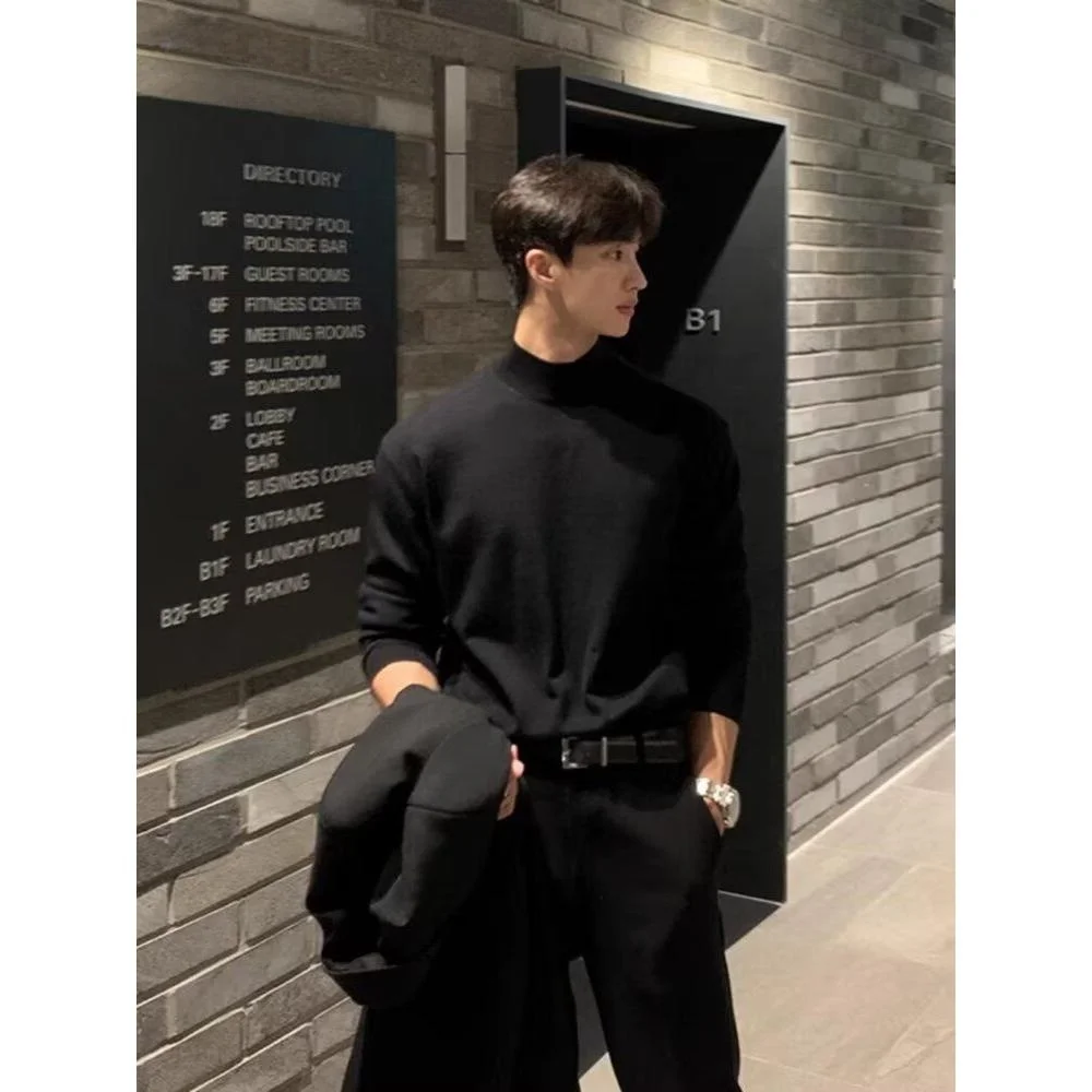

High-End Men's Knitted Sweater f-High Collar Elastic Inner irt for Coat And Suit Warm Color Trendy Polyester Fiber