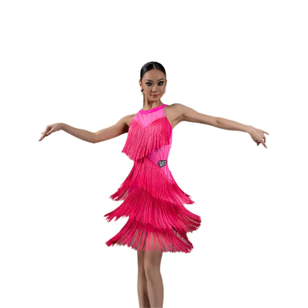 

Latin Dance Dress, Women's Neck Hanging, Backless, Multi-layer Tassel Performance Competition Dress, Floral Costume