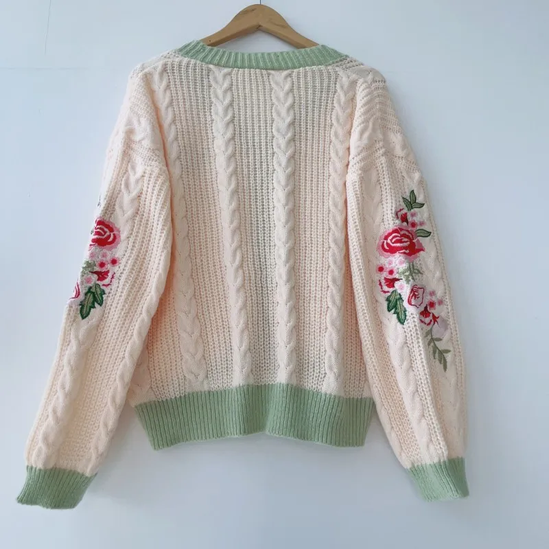 New Flower Embroidered Cardigan for Woman 2024 Autumn Winter Knitted Sweater Female V-neck Floral Lantern Sleeve Cardigans Coats