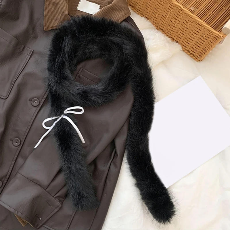 SZL Popular Skinny Scarf for Winter Plush Long Scarf with Bowknot for Women Girl Neckwear Plush Neck Warmer Eye Catching