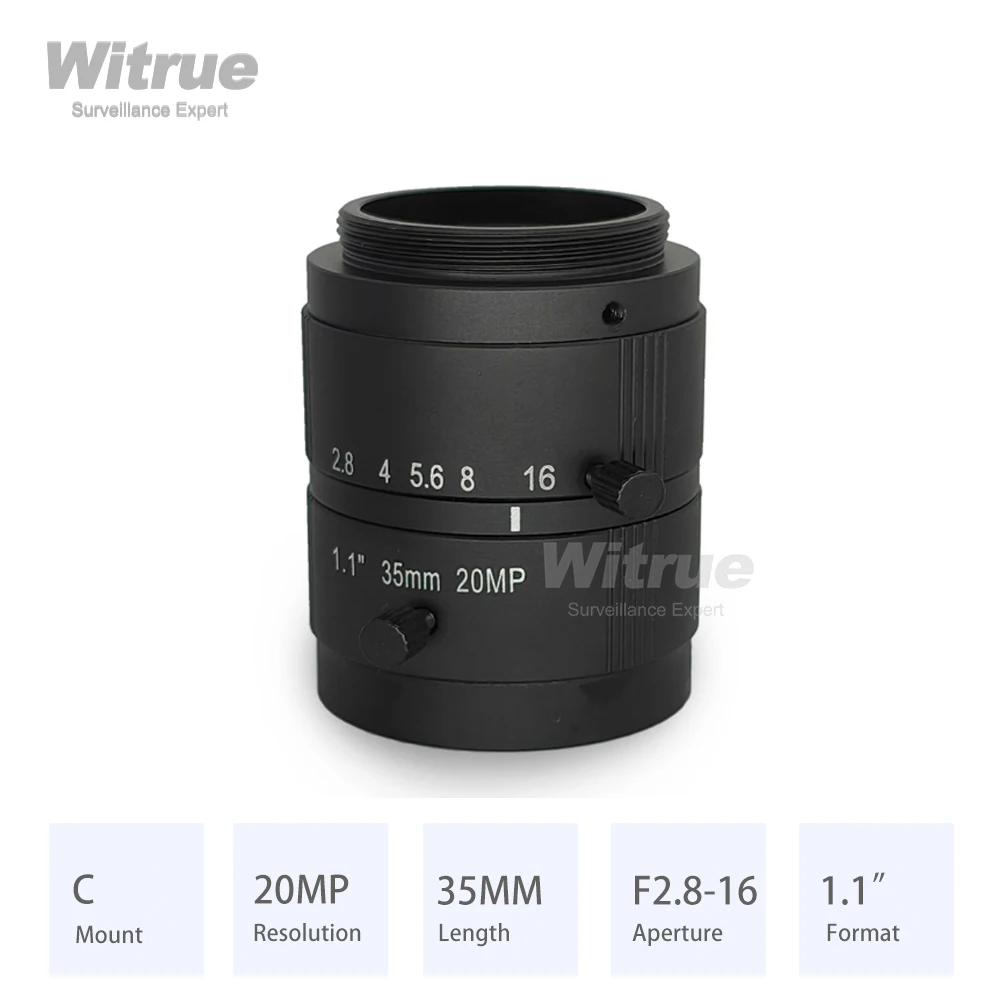 

Объектив Witrue HD 4K, 20 МП, 35 мм, дальнее расстояние, крепление C, диафрагма F2.8-16, формат 1,1 дюйма, объективы машинного зрения для камер безопасности