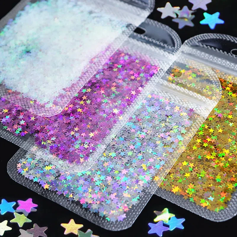 Paillettes pour ongles étoile à cinq branches 3MM, Laser scintillant, flocons de paillettes pour animaux de compagnie, décor de manucure brillant, 12 couleurs disponibles, breloques pour ongles
