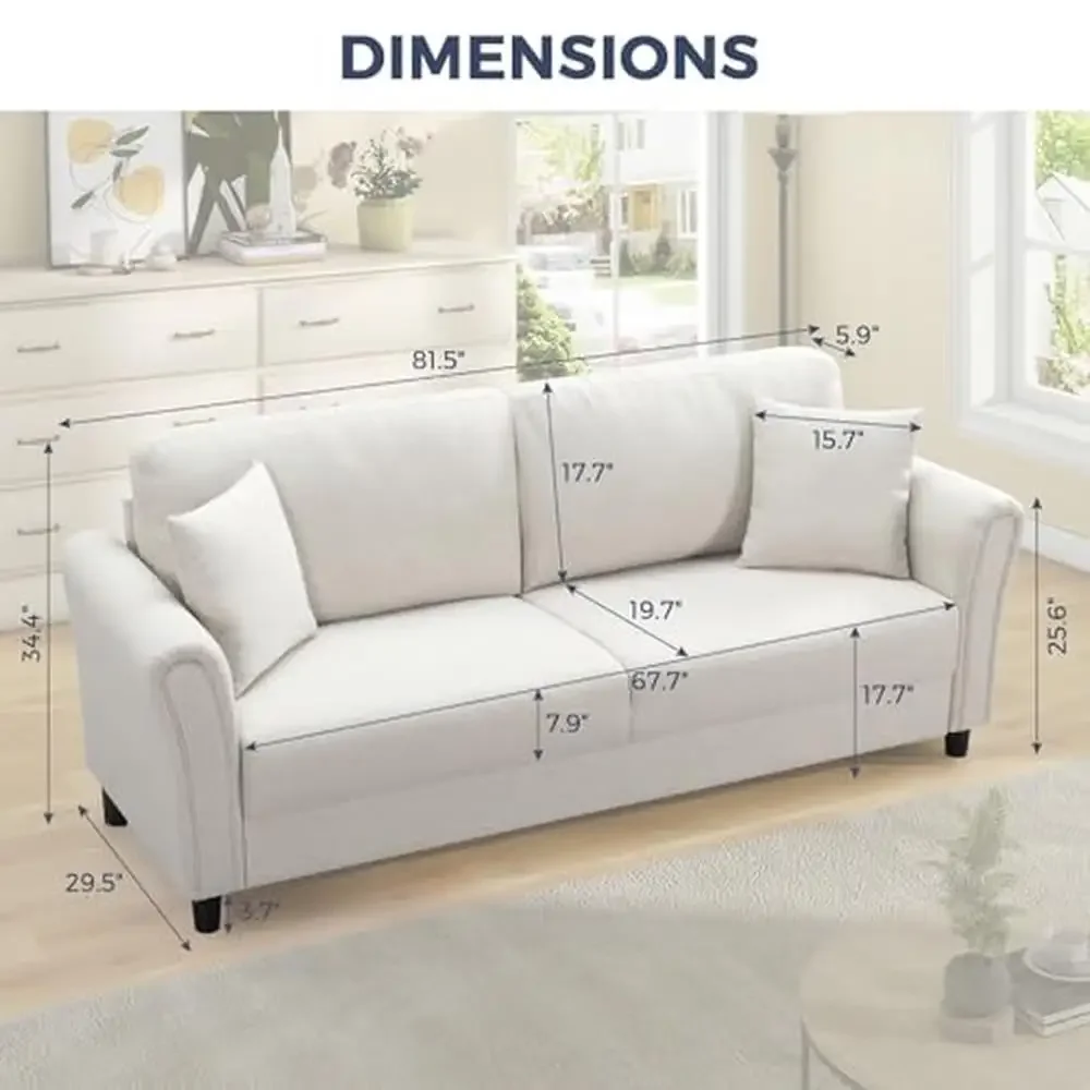 Modern Linen 3 Seater Living Room Sofa with Removable Back Cushions and 2 Pillows