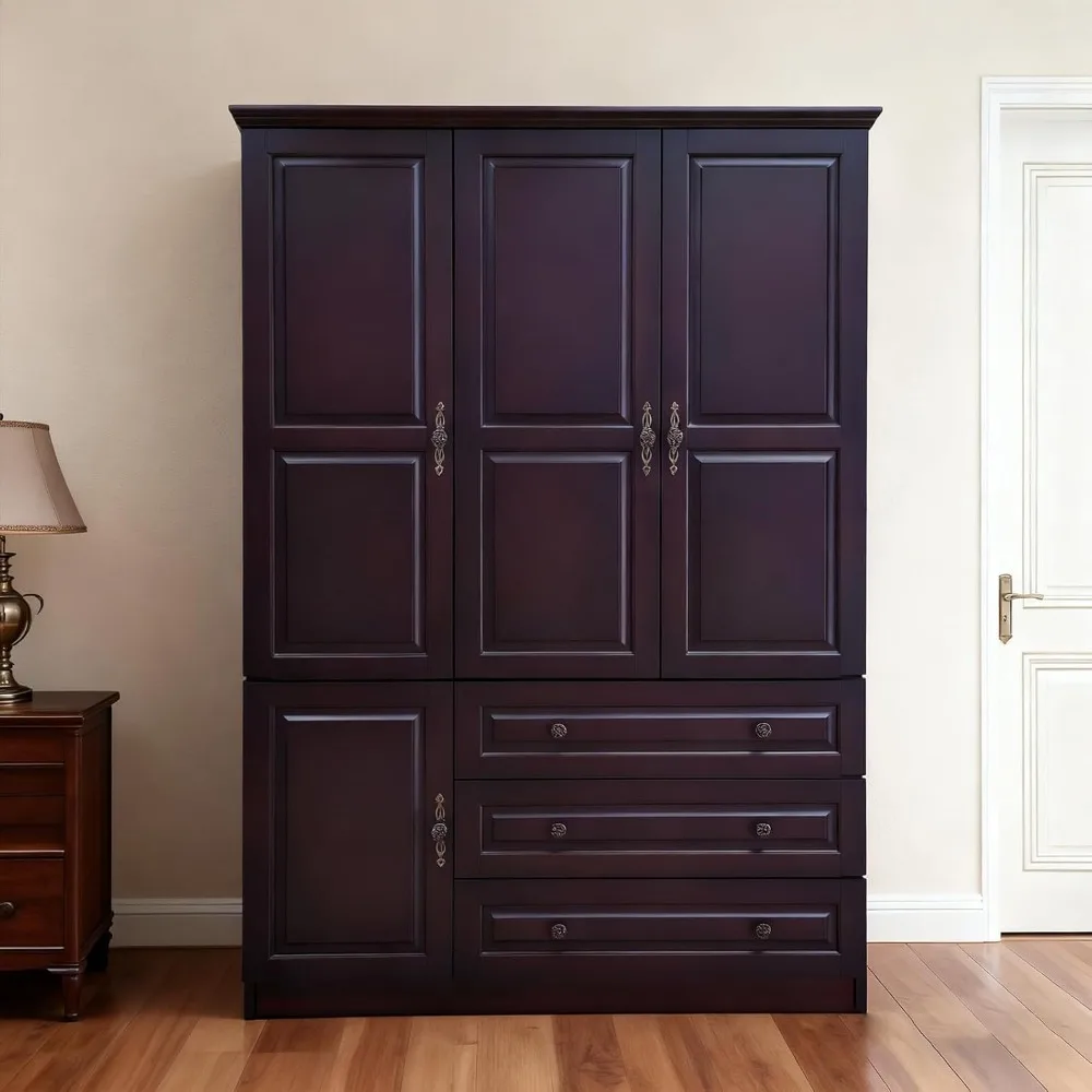 

Solid Wood Armoire Wardrobe Closet with 3 Doors, 3 Drawers and Walnut Finish, Bedroom Storage Cabinet with Shelves and Hanging