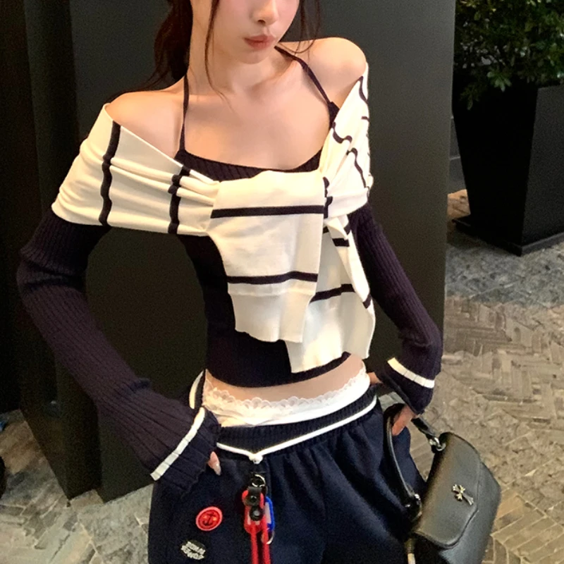 2024 Autumn New Streetwear Lace-up Halter Sexy Long Sleeve Sweater Women + Striped Shawl + Loose Casual Pants Three-piece Suit