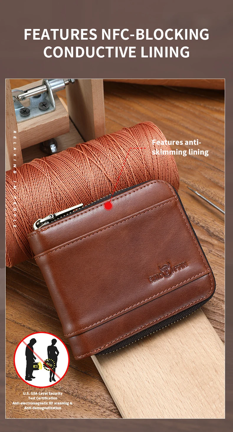 BULLCAPTAIN Geldbörse Retro Vintage Geldbörse Europäischer und Amerikanischer Horizontaler Stil Echtes Leder RFID Münz- und Kartenhalter Geldbörsen – Detail 12