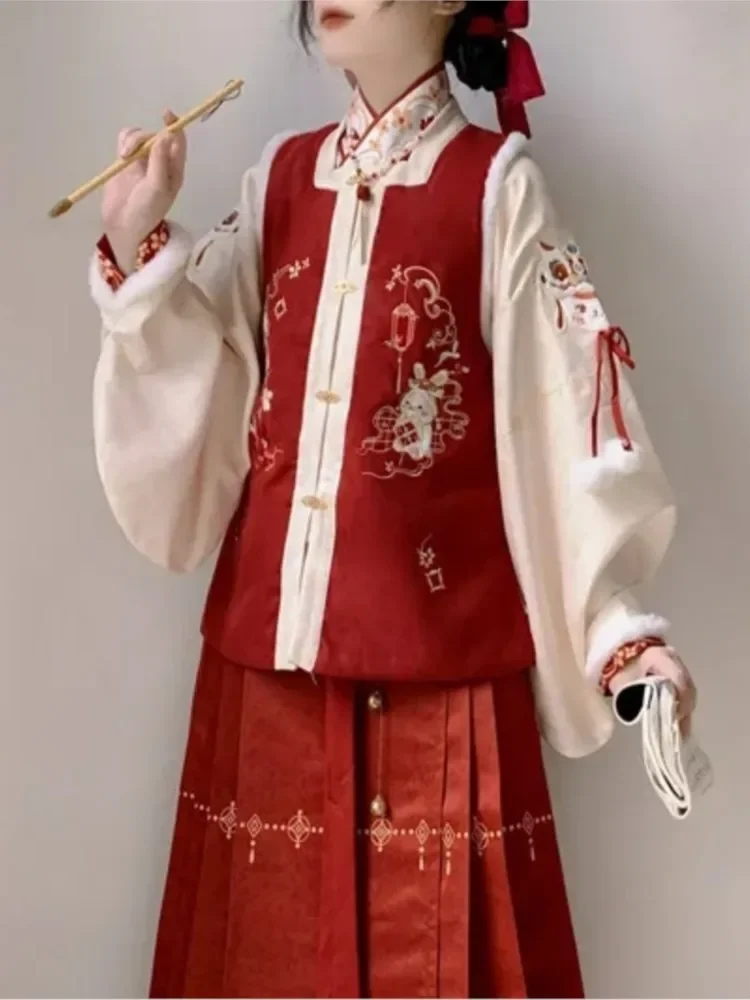 여성용 빈티지 레드 귀여운 따뜻한 재킷 2 종 세트, 중국 스타일 전통 한푸 코스프레, 코스튬 말 얼굴 치마, 겨울