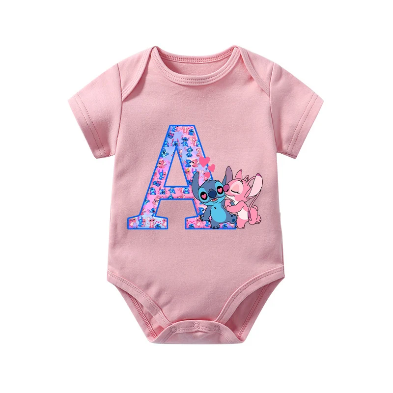 Stitch Angel Baby Girl Romper Disney Summer Kawaii Newborn Clothes New Cute Letter A-Z Bodysuits Kids Short Sleeve Onesie Gift