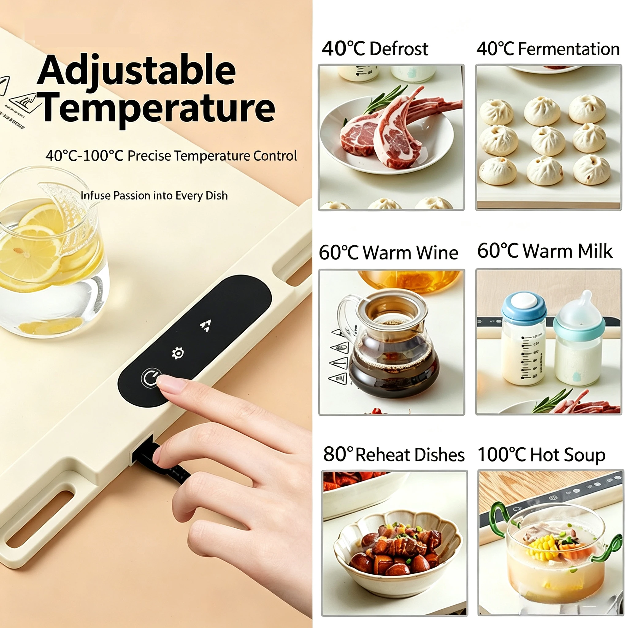 Silicone Warming Mat HoldPeak T0‑2NC 240W 60‑100°C 240min Timer 65×38cm Waterproof Oilproof Temp Adjustable Kitchen Heating Pad