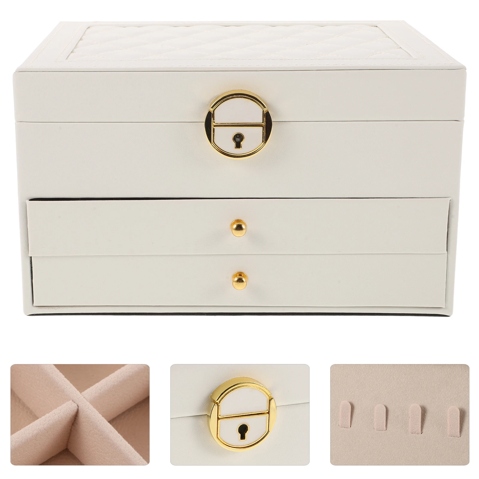 

3 Layer Lockable Jewelry Box Organizer Pu Earring Holder Necklace Storage Case For Women Girls White Vanity Table