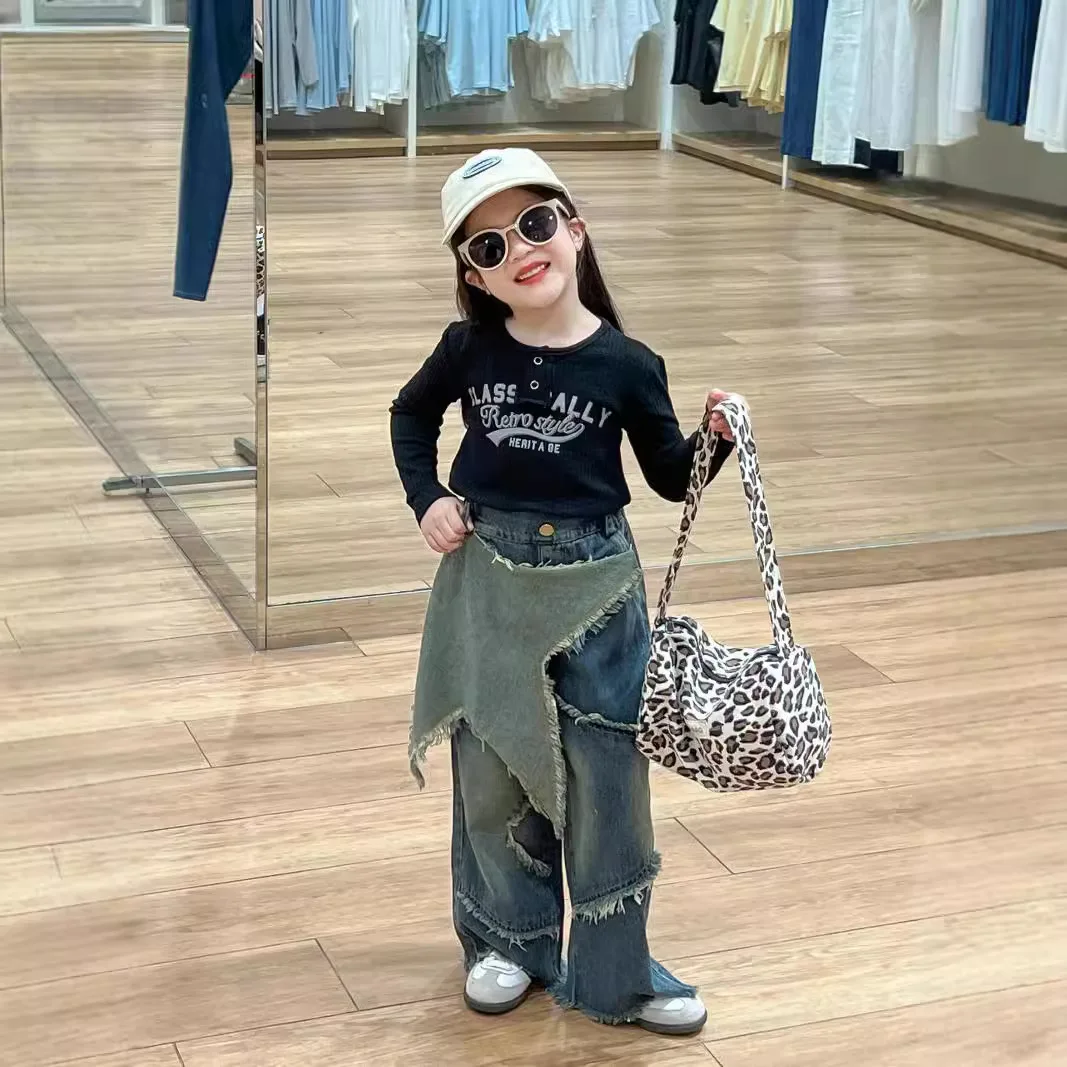 Girls Suit 2024 Autumn New Childrens Clothing American Spice Girl Slim Top Five-pointed Star Design Jeans Two-piece Set Casual