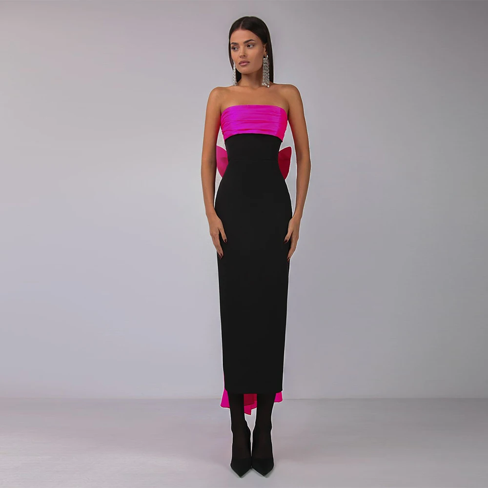 Classic Formal Party Dresses Jersey Contrast Color Black And Hot Pink Bow Evening Dress Column&Sheath Strapless Midi Dresses