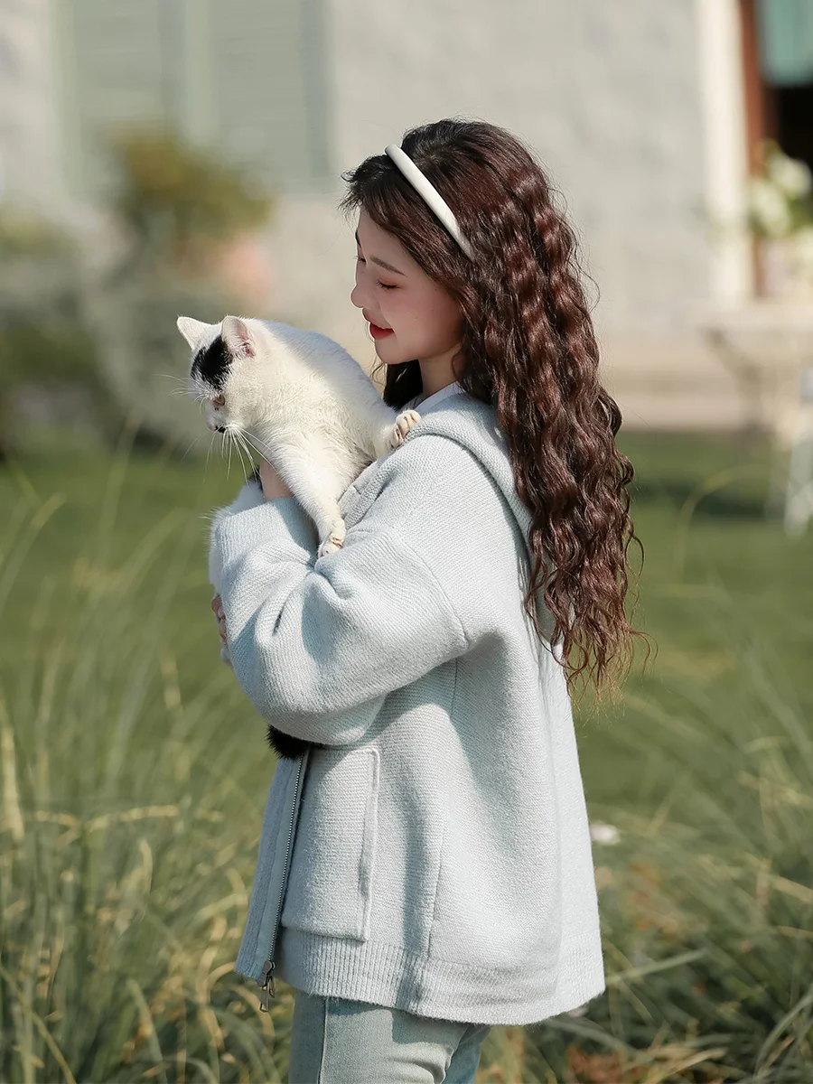 

Женская свободная вязаная толстовка на молнии с капюшоном, повседневная, однотонная, осенне-зимняя, свободный крой, вязаный топ