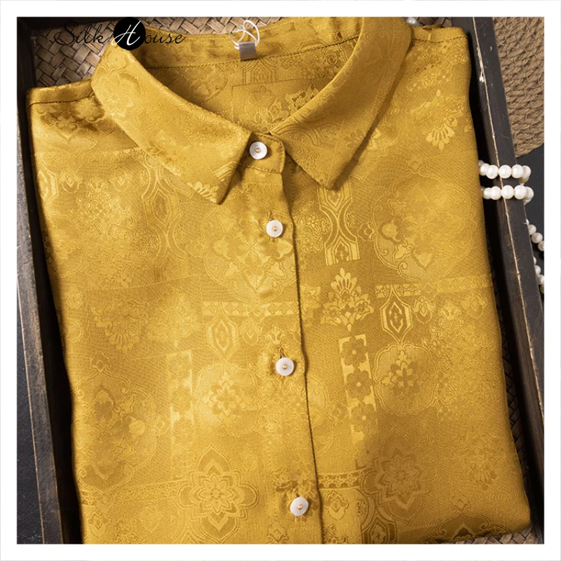 

Spring Clothing 100% Natural Mulberry Silk Jacquard Satin Fashionable Classic Golden Turn-down Collar Long Sleeved Shirt