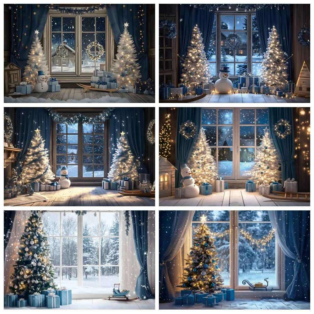 Christmas Photography Backdrop Winter Window Blue Curtain Night Xmas Tree Gift Wreath Snowmen Family Portrait Photo Background