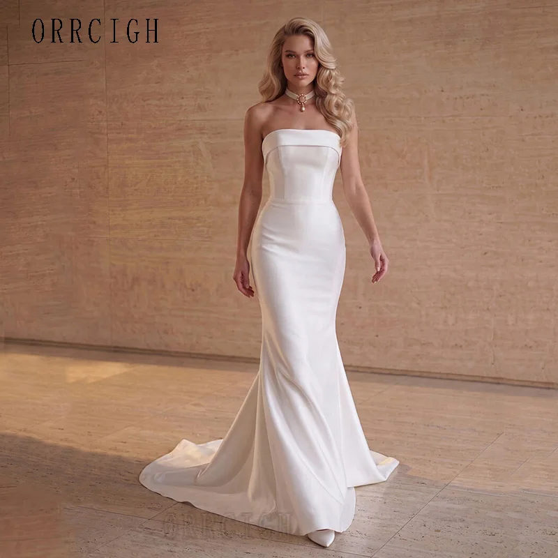 Strapless Mermaid Satin Wedding Dresses for Bride 2026 Sweep Train Corset Simple Civil Bridal Gown Floor Length Customizable