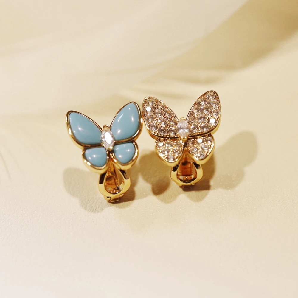 2022 Hot Brand Pure 925 Sterling Silver Earrings Butterfly Full Diamond Luxury Blue Turquoise Wings Gold Color Design Jewelry