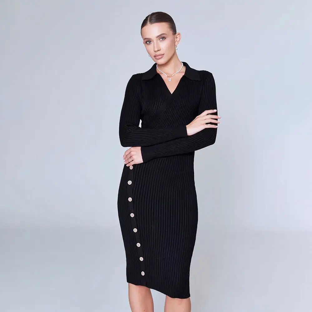 Slim Polo Neck Knitted Sweater Dress Women Long Sleeve Bodycon Dresses Autumn Winter Elegant Casual Office Lady Outfit