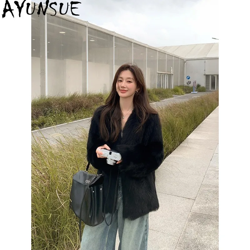 

AYUNSUE Real Fur Coat Woman Luxury Mid-length Black Winter Jacket High Quality Tuscan Shearling Coats Woman Clothes 2026 Jaqueta