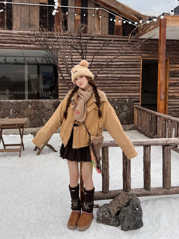 

Белая женская зимняя теплая куртка Oneko в американском ретро-стиле с замшевым воротником-стойкой, на хлопковой подкладке, в корейском стиле