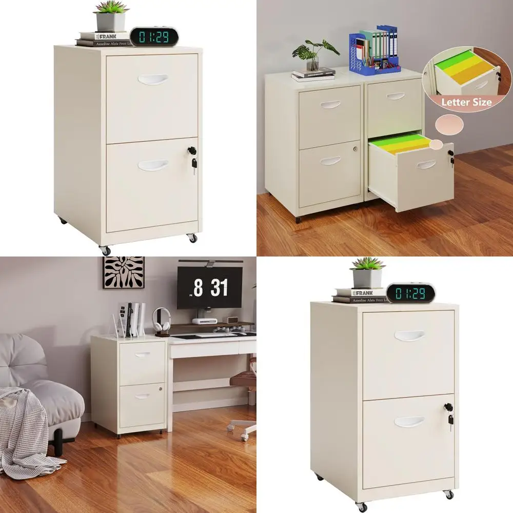 

Rolling Two-Drawer Metal File Cabinet, Letter Size, Cream, Under Desk Storage, Assembly Needed