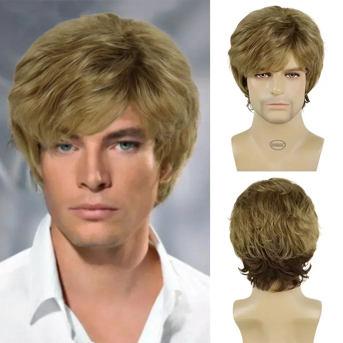 

GNIMEGIL Synthetic Blonde Mix Brown Hair Wig for Men Short Wave Wig with Bangs Natural Fluffy Daily Anime Party Cosplay Wig Male