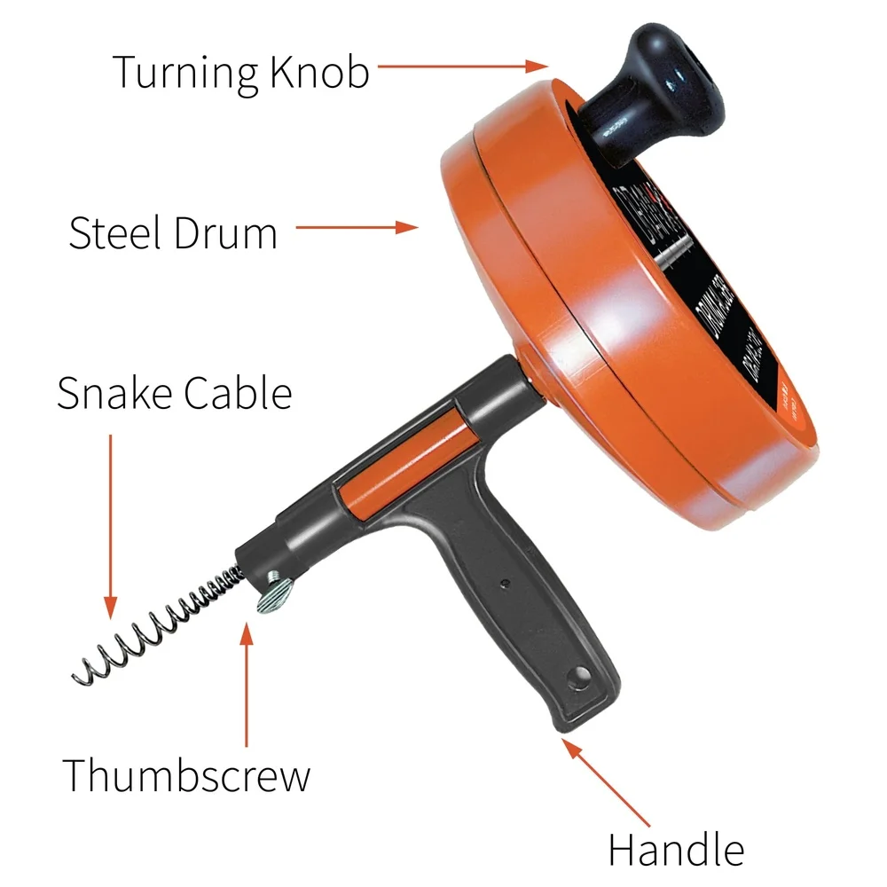 Heavy Duty 25ft Steel Drum Auger Plumbing Snake พร้อมถุงมือและถุงเก็บ ทําความสะอาดท่อระบายน้ําได้ง่ายในอ่างล้างจานและฝักบัว