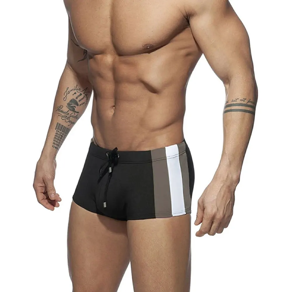 Mens Boxer Swim Trunks Stylish Sexy 3D Contour Pouch Color Block Panel Design Elastic Waist Quick Dry Drawstring Swimwear For Be